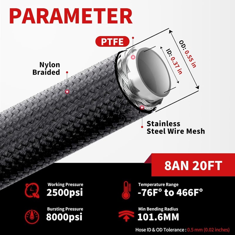 BRIFITOR 8AN PTFE Fuel Line Kit Nylon Braided PTFE Fuel Hose 20FT With AN8 Hose End Fitting For LS Swap EFI Fuel System - Image 3